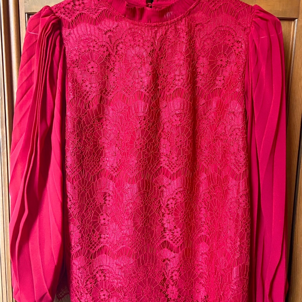 Anthropologie Red Blouse with Pleated Sleeves and Lace Overlay